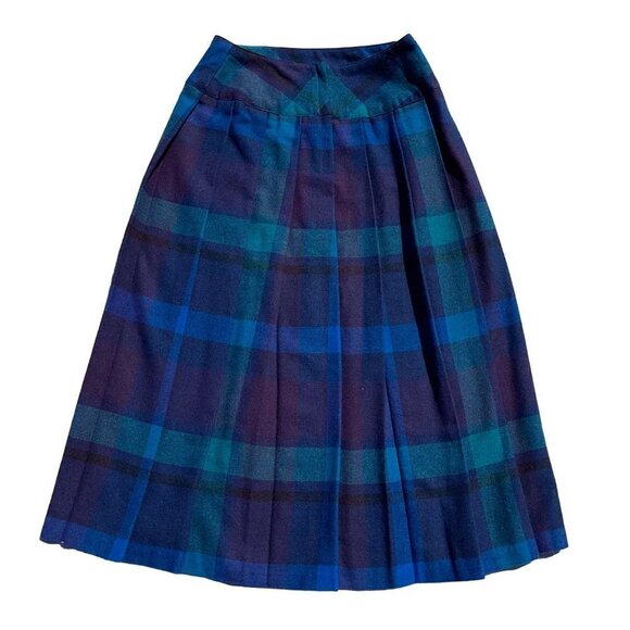 Vintage SIZE 24" WAIST Union-Made Pleated Plaid Unlined Blue/Purple Midi Skirt - Picture 2 of 6